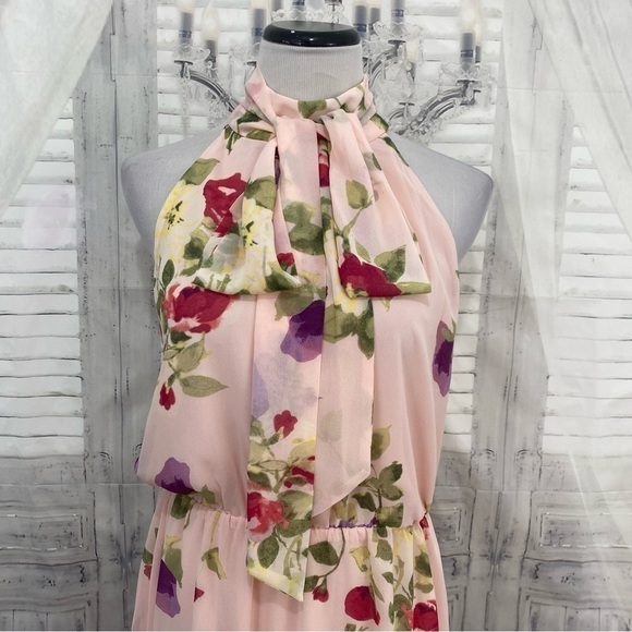 Ralph Lauren Size 10 Pink Floral Chiffon Sleeveless Dress Ties Neck Fit & Flare - Picture 4 of 12